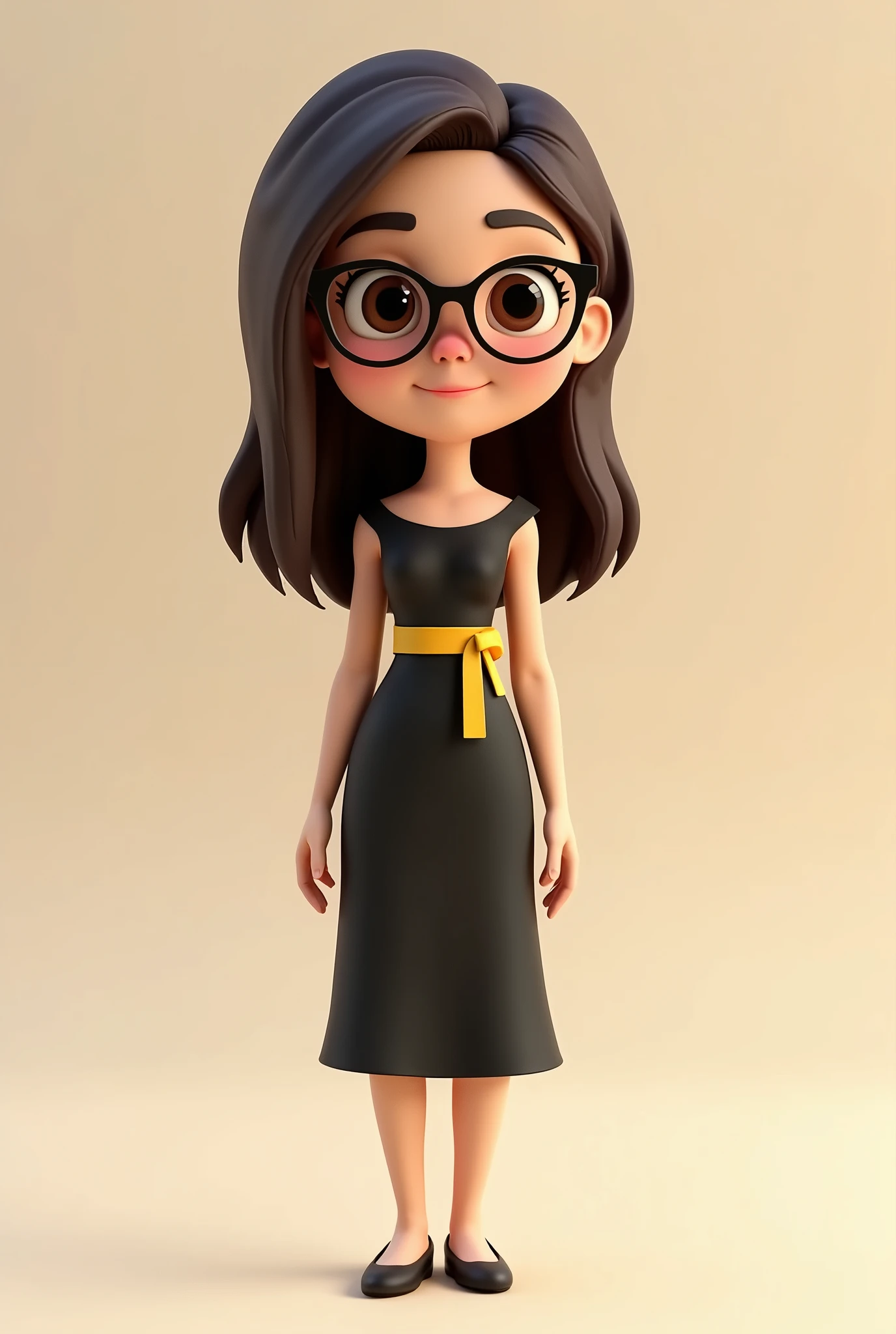 A full body 3D cartoon character. She has a friendly and charismatic appearance. The character is a young woman with fair skin, straight dark brown hair, thick eyebrows, large brown eyes and wears glasses. His expression is neutral, with a calm and composed demeanor.

The character is dressed formally, wearing a black dress with a yellow sash at the waist.

The background of the image is neutral, which highlights the character even more.