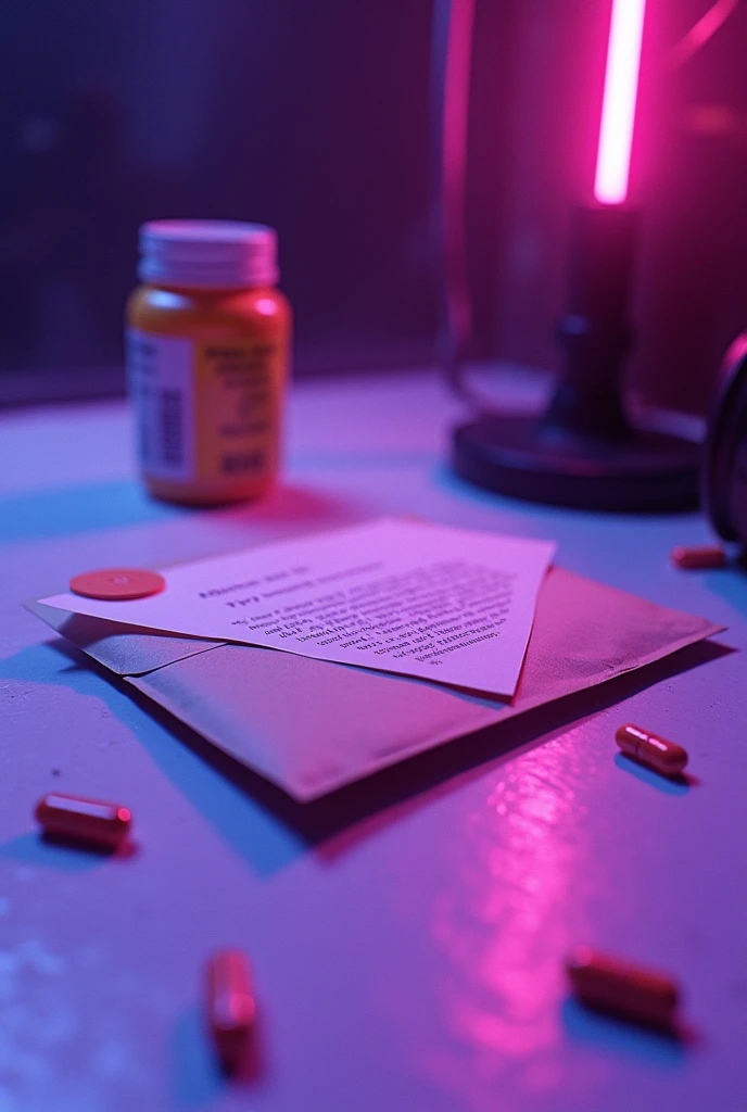 An envelope with a letter on the white floor of a nightclub and with orange medicine pills lying on the side with purple neon lighting all this image with a psychedelic touch of bad trip