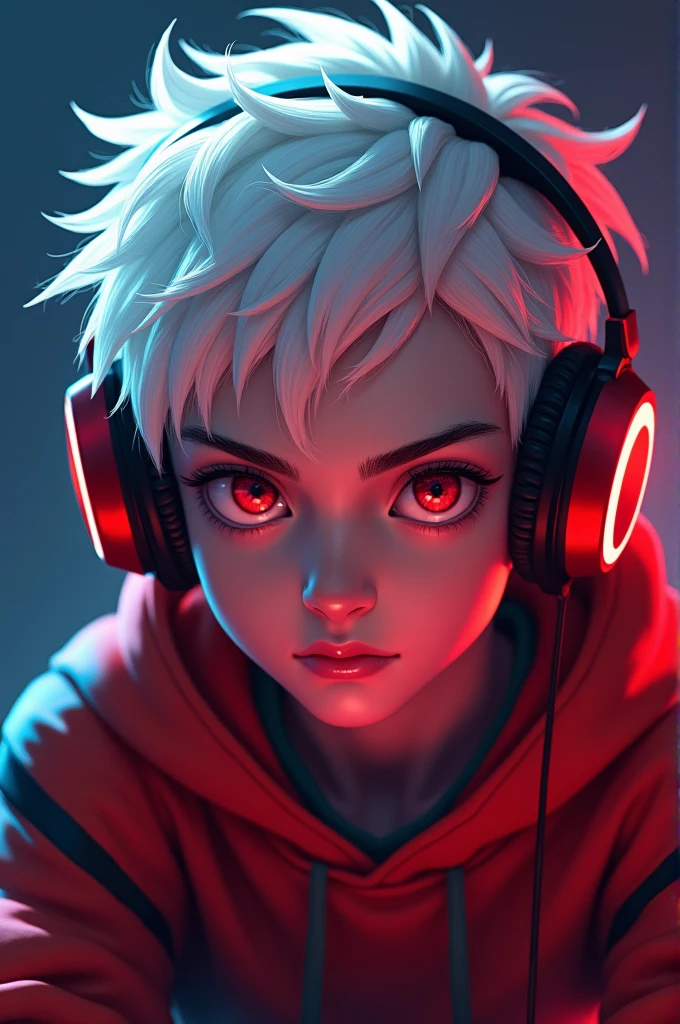 a gamer boy with red eyes white hair with red colored headphones