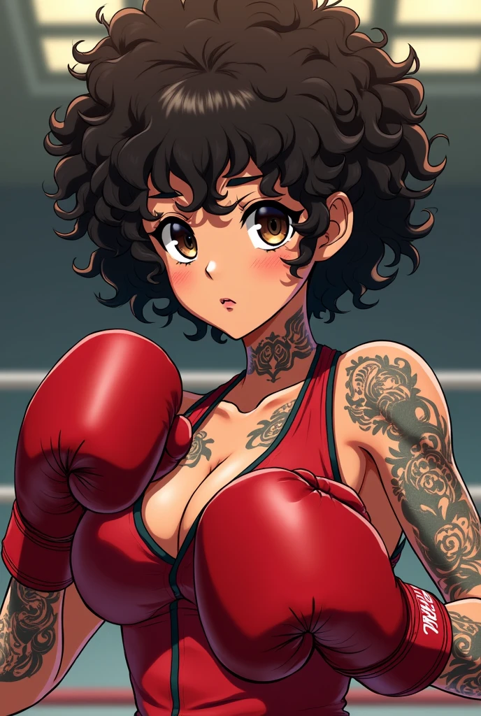 female anime character with very curly hair 3C curl and short with curly bangs, dark brown eyes and tattoo in the middle of the neck, another with a phrase on the collarbone, and other small tattoos on the arms, female boxer doing guard with red competition outfit in hajime no ippo style, expression of debauchery