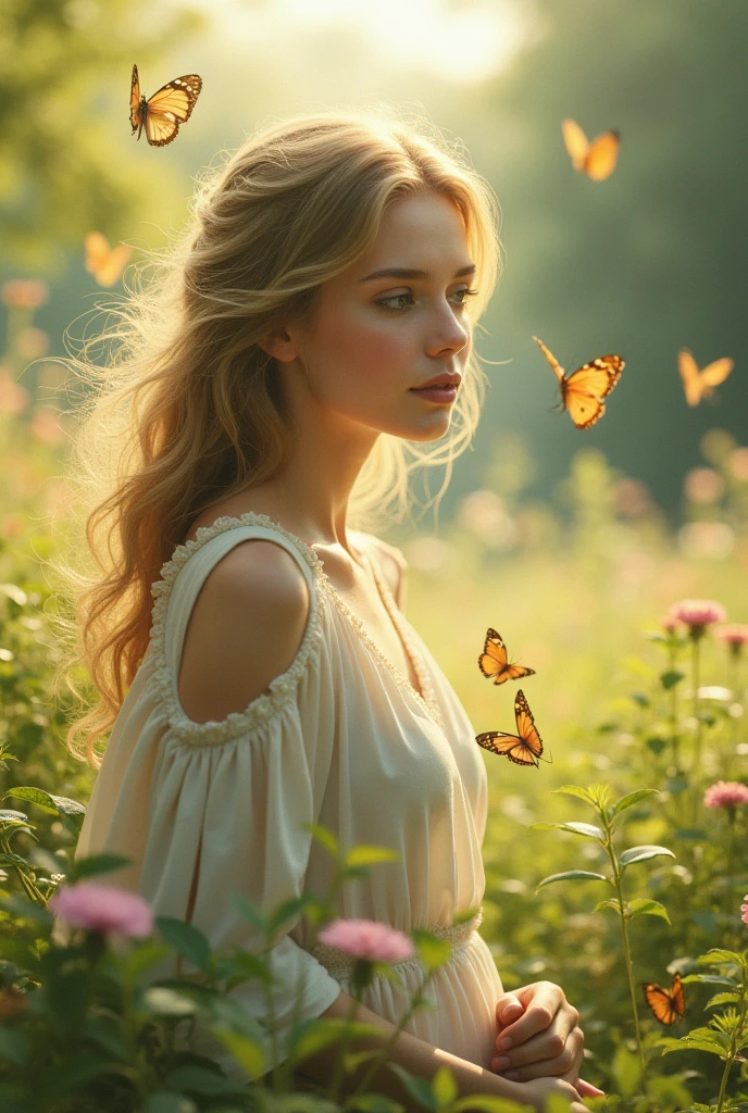 ，masterpiece, best quality，8k, ultra highres，Reallightandshadow，Cinema lenses，(beautidful eyes:1.1)， ((The scene is，The upper part of the body))，dynamicposes，On a green meadow，A gentle goddess came with a gentle step。She wore a pakistan suti little bit deep dress on boobs A gentle breeze blows，The pakistan sutidances lightly。The sun shines through the leaves on her hair，Reflecting her clear eyes and gentle smile。Colorful butterflies flew around her，Flowers bloomed at her feet，It was as if nature was cheering for her。