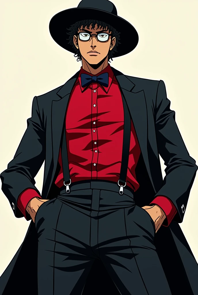 (Artwork), (Hellsing Ultimate anime line style), (8K), 1 tall man, medium brown skin, short curly black hair, wearing a wide homburg hat, wearing a red dress shirt with a black bow tie, wearing pants with black suspenders, wearing two black gloves, wearing white lens glasses, wearing a black leather haori, serious look.