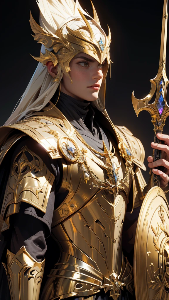 (Masterpiece:1.2), envision an intricate, 8k, highres, realistic, cinematic, dynamic, close up portrait of a faceless golden knight man clad in great armor with a grand helmet with bright white eyes with a large body in a dark fantasy style against a dark gray background, (Velstadt The Royal Aegis)