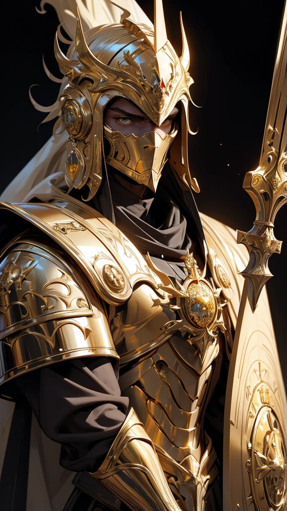 (Masterpiece:1.2), envision an intricate, 8k, highres, realistic, cinematic, dynamic, close up portrait of a faceless golden knight man clad in great armor with a grand helmet with bright white eyes with a large body in a dark fantasy style against a dark gray background, (Velstadt The Royal Aegis)