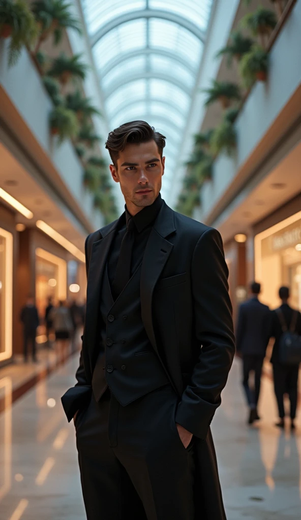 sad handsome guy with black suit at a shopping mall,pixar, cinematic, masterpiece, high-aesthetic, realistic