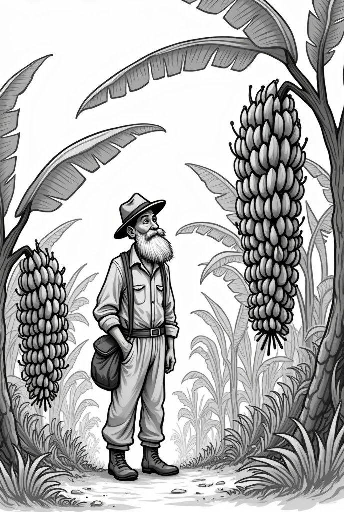 Easy to draw black and white drawing of a happy man with beard and hat on a banana plantation .
Place the man looking at the bananas hanging from the plants, Make the man a little further back and older , Put more hanging banana plants , places the man looking at the hanging bananas , puts the lord further away