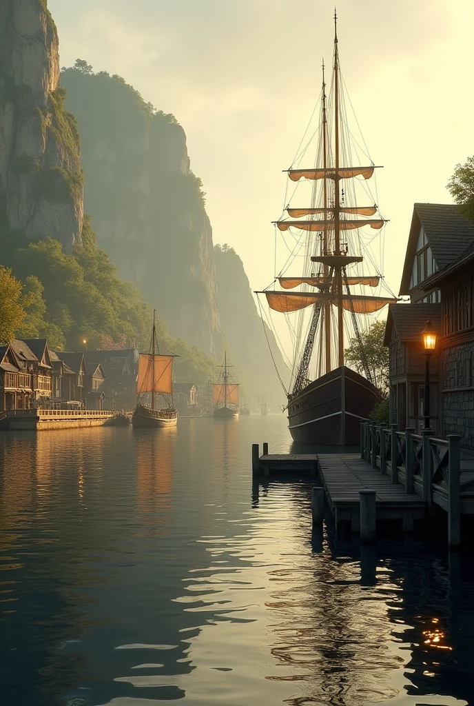 {ultra-realistic landscape photography, European coastal village, golden hour lighting, tall sailing ships in the harbor, warm sunlight reflecting on the calm water, wooden docks with rustic buildings, lush green cliffs in the background, detailed textures, cinematic depth, high contrast between light and shadow, 4K resolution, realistic atmospheric haze, evening sky with soft clouds, tranquil yet lively ambiance, subtle reflections in the water, immersive perspective as if taken from the edge of the dock, rich colors, sharp focus, natural light highlighting details}
