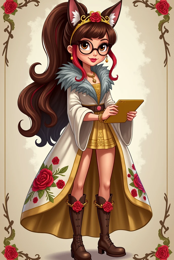 Imagem da filha da Ramona Badwof e da Rosabella Beauty de Ever After High: Must have a long wavy brown ponytail with bangs with red highlights in the hair, first of all, light brown eyes, brown glasses with a red rose, long white blouse with red roses and green leaves on the blouse and sleeves, golden skirt with golden roses, a faux fur collar around the neck of gray color, brown high heel boots with roses, golden flower tiara on head, wolf earrings, wolf pendant and a yellow tablet with red roses in the hands It is to have red highlights in the hair