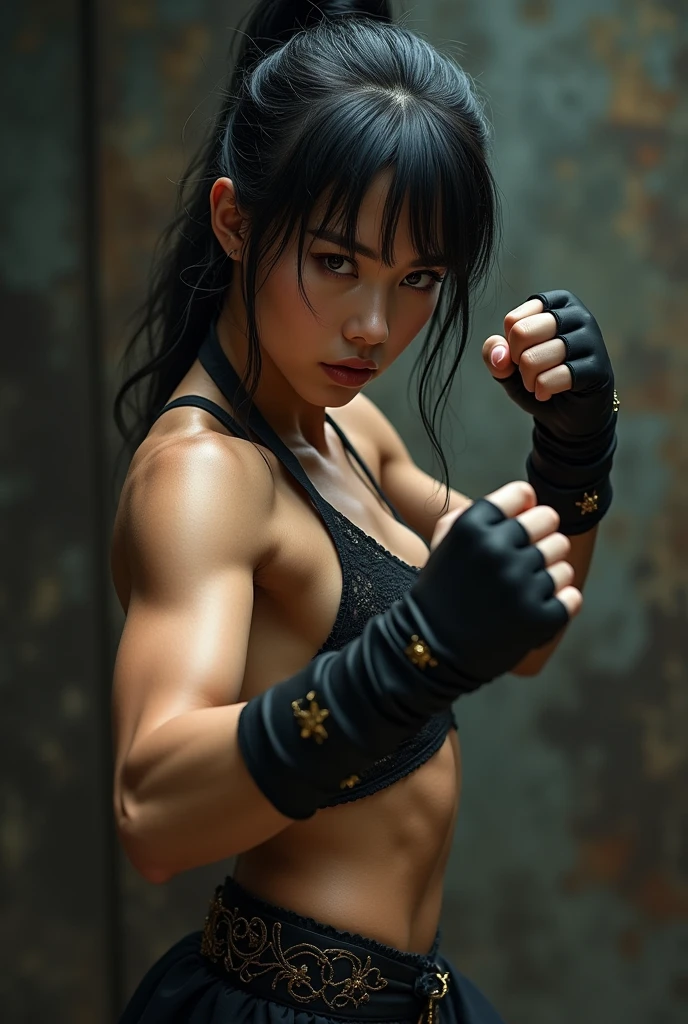 Best quality, 4K, 8K, high resolution, Masterpiece: 1.2, Ultra detailed, (Realistic, Photorealistic, Photorealistic: 1.37), Ultra fine painting, Sharp focus, Physically based rendering, Extreme detailing, Professional, Vivid colors, Sexy muscular boxing girls, Sports bikini, Fight in old abandoned factory, Tense and tense atmosphere, Sweat dripping from toned bodies, Muscles flexing under harsh industrial lighting, Bruised and bloody faces, Contrast with seductive beauty, Fight of strength and grace, Expression of determination and concentration, Capture the raw power and grace of the female form in combat, Scenes blending sensuality with the brutality of combat, Realistic skin texture, Underground fight