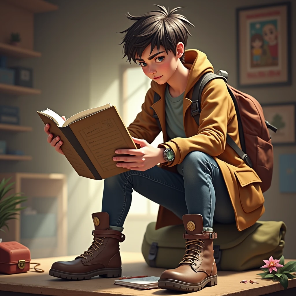 Alex takes notes and organizes his gear on a table, looking determined and ready for the journey."
