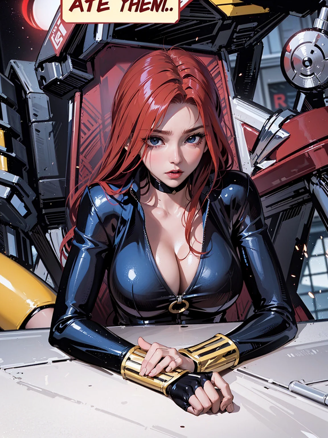 a comic scene featuring a red-haired woman, presumably a character like 'Black Widow'. The woman, dressed in a skin-tight shiny blue latex leather bodysuit with a low-cut neckline revealing a large chest, is seated relaxingly at a white table, her hands resting in her lap with yellow wristbands or guards visible. She is looking downwards, her facial expression suggesting concern or determination.