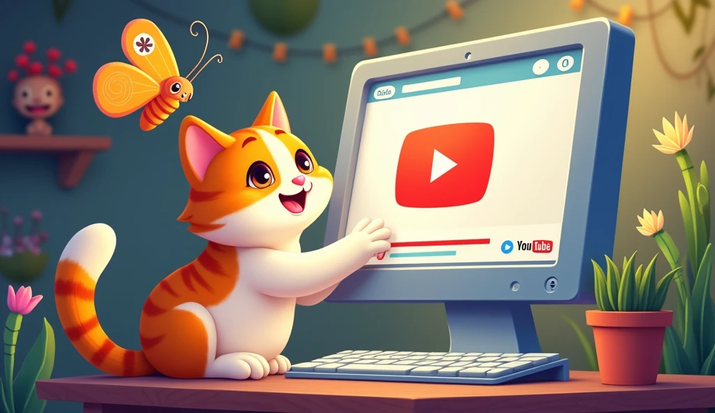 Create a playful and engaging image featuring Whiskers, the orange and white cat, interacting with a YouTube interface. Whiskers should be depicted with a friendly and curious expression, using his paw to click the 'Like' and 'Share' buttons on a computer screen. Near the screen, include a colorful butterfly with a cheerful face, hovering over a 'Subscribe' button with the 'Monkey Shack' channel logo. The background can be a cozy, whimsical setting with elements from the magical forest to add a touch of adventure. The overall mood should be fun and inviting, encouraging viewers to engage with the content.