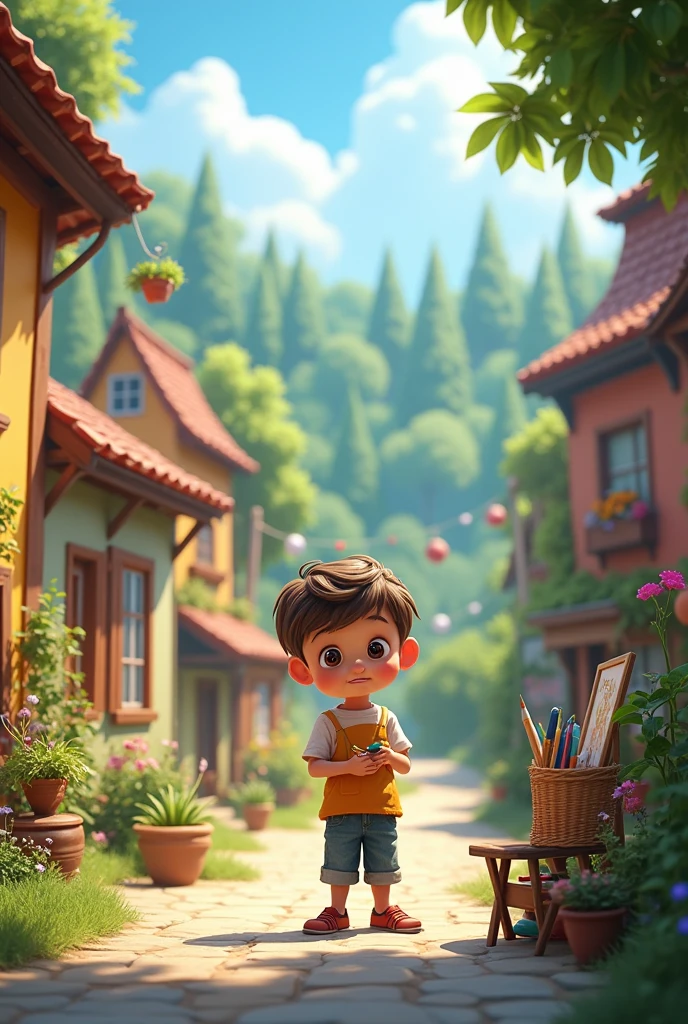 In a beautiful village, a wonderful and beautiful children boy no she stands with his pencil and pens