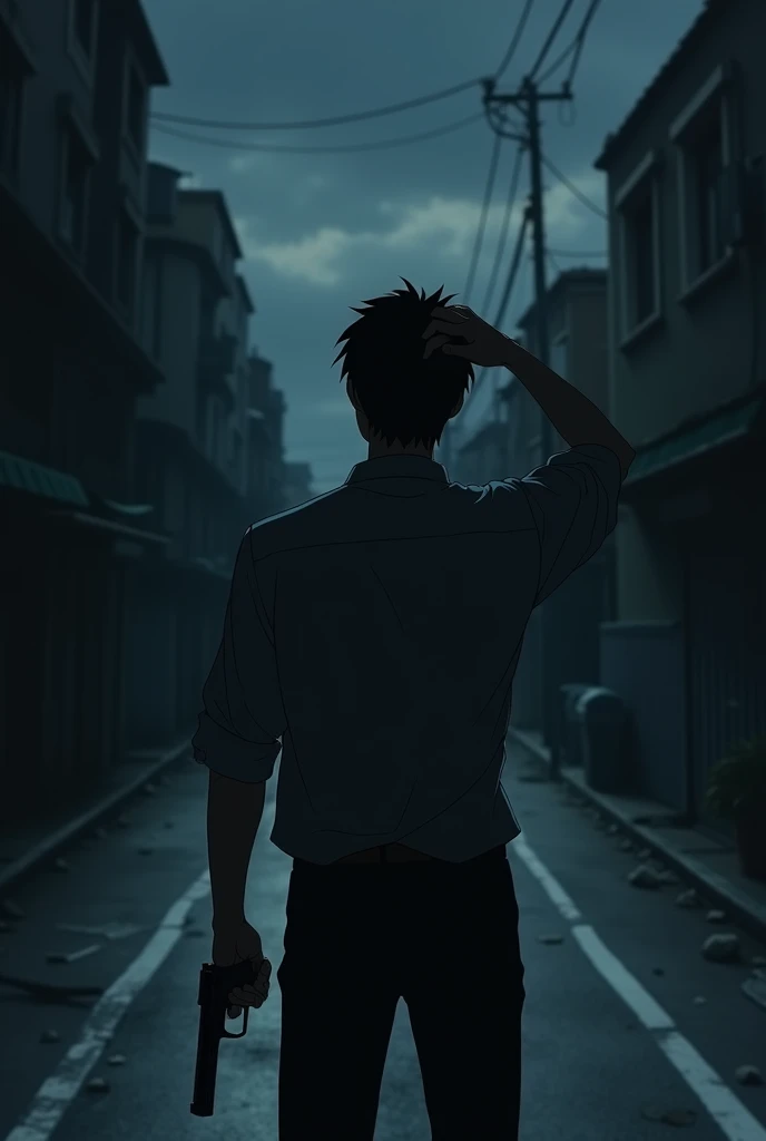 The image is anime style with shadows and dim lights, anime style although somewhat adult and dark, It shows a man with his back turned pointing a gun at his head.. The background of the image is a street road.