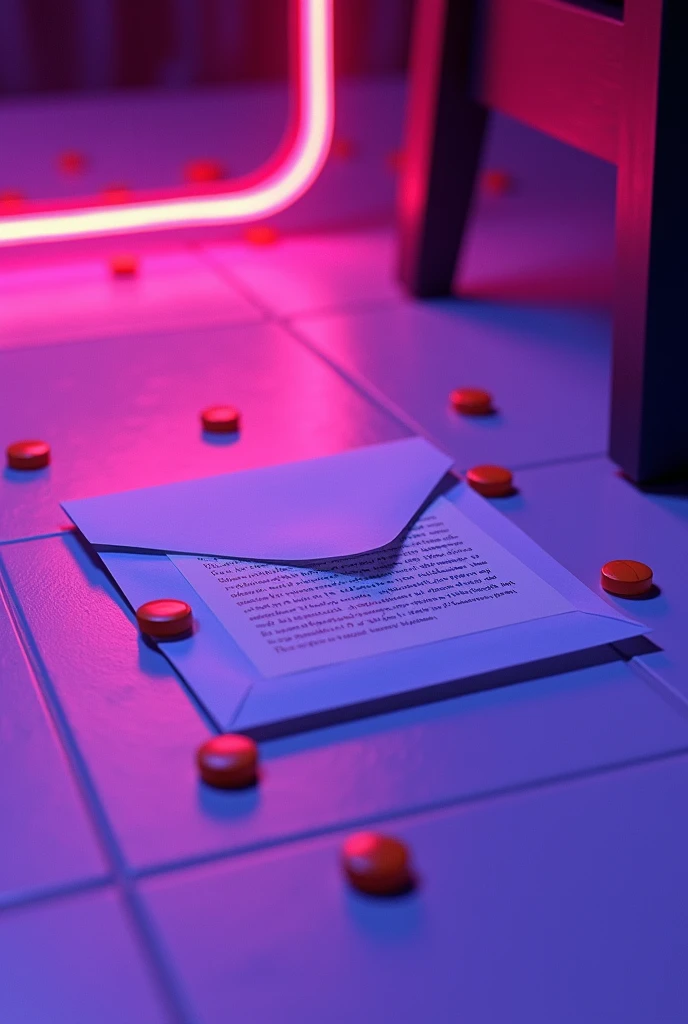 An envelope with a letter on the white floor of a nightclub and with orange medicine pills lying on the side with purple neon lighting all this image with a psychedelic touch of bad trip