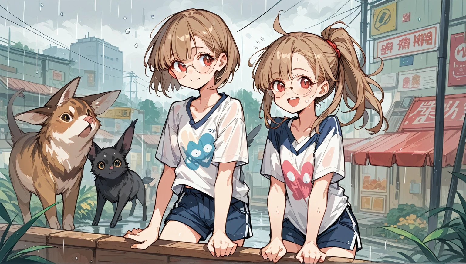 A scene of two characters standing together on a rainy day,The gestures of interacting with each other are very intimate,One character puts his hand on another character's chest,Both are facing forward。The background shows a market or stall,There are lots of fruits and vegetables around,There are also hanging lanterns,The overall atmosphere is full of the warmth of daily life。
Xiaoxuan:she is standing on the left,Keep your light brown double ponytail hairstyle and big round glasses。She's wearing a sweater and a skirt,Gentle expression with a hint of shyness。她的手放在Little red的胸前,express a feeling of concern or interaction。
Little red:she is standing on the right,wearing her oversized t-shirt(3XL size)and shorts,The clothes are slightly soaked due to the rain。She maintains a black bob hairstyle and a normal complexion,The expression is a little surprised but very happy,With a smile on his face。