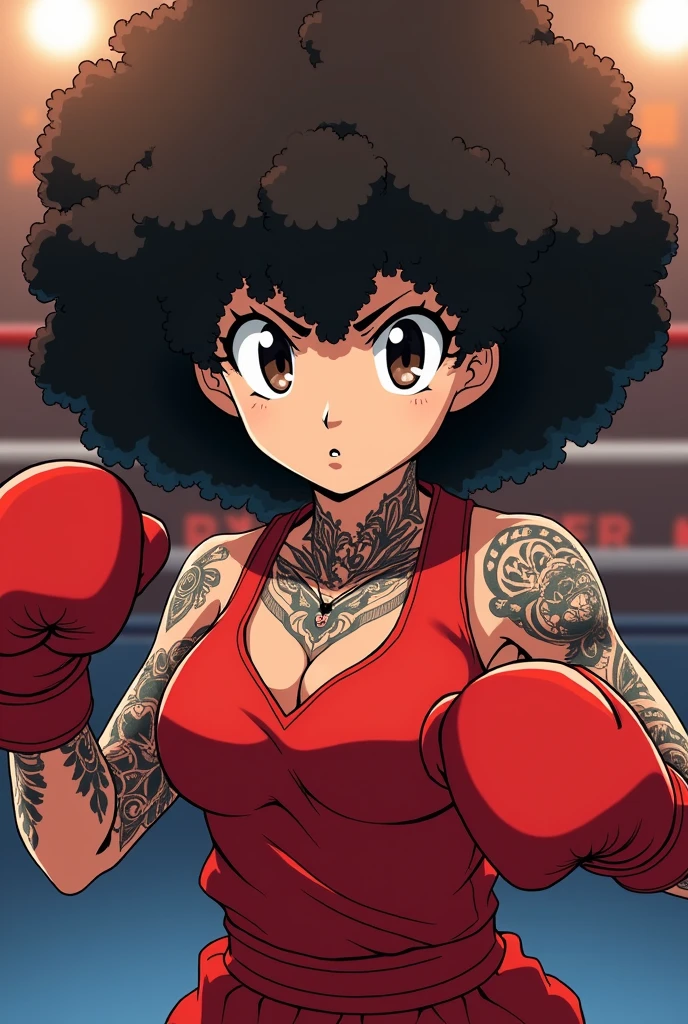 female anime character with very curly hair 3C curl and short with curly bangs, dark brown eyes and tattoo in the middle of the neck, another with a phrase on the collarbone, and other small tattoos on the arms, female boxer doing guard with red competition outfit in hajime no ippo style, expression of debauchery