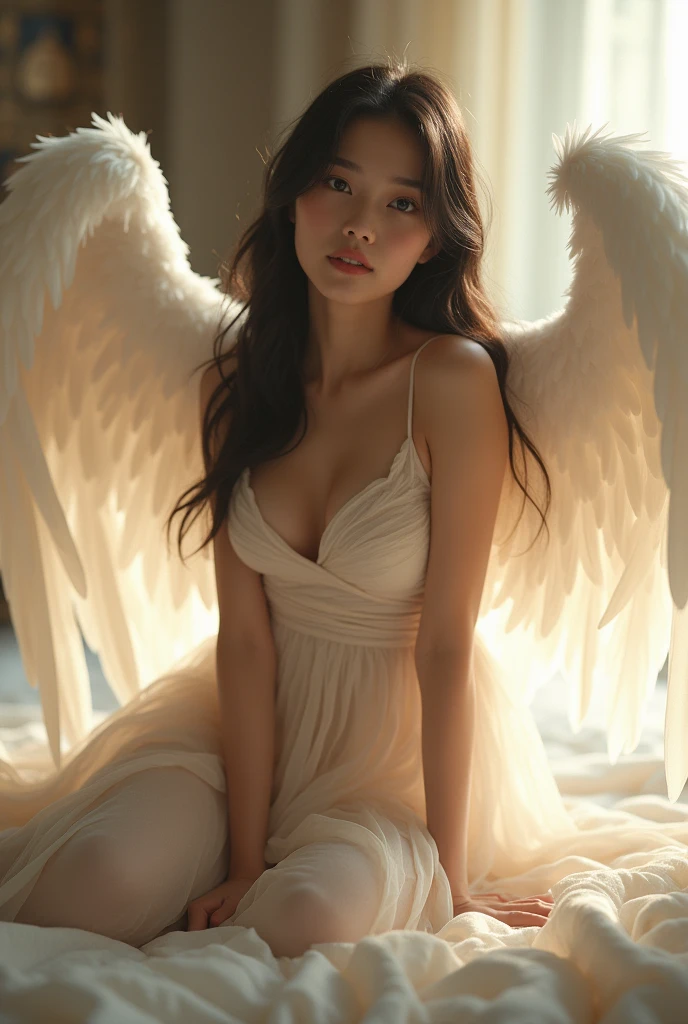 ((best quality)), ((masterpiece)), (detailed), perfect face. Asian young women with big white wings angel in bed . With romantic Sweet smile Wear long dress cloth. Sex pose.With horny eyes see me