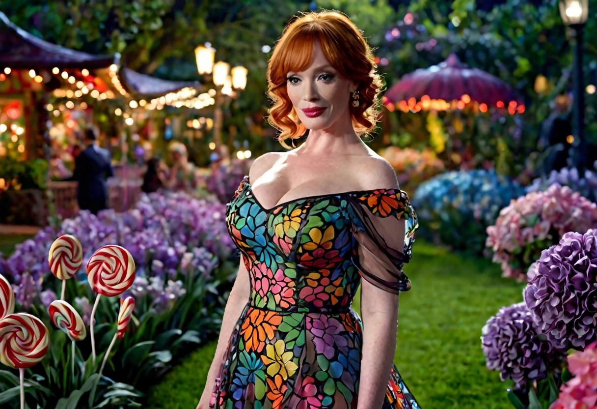 a detailed photo of Christina Rene Hendricks in a sheer colorful gown without underwear, strolling through a candy land garden in full bloom on a moonlit night, sultry poses, mainly viewed from behind, best quality,4k,8k,highres,masterpiece:1.2,ultra-detailed,realistic,photo-realistic:1.37,HDR,UHD,studio lighting,ultra-fine painting,sharp focus,physically-based rendering,extreme detail description,professional,vivid colors,bokeh,portrait