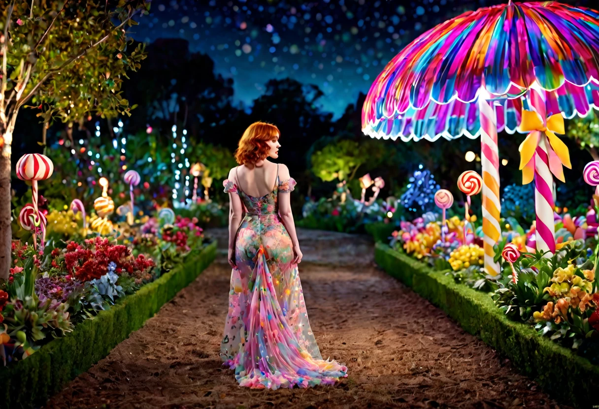 a detailed photo of Christina Rene Hendricks in a sheer colorful gown without underwear, strolling through a candy land garden in full bloom on a moonlit night, sultry poses, mainly viewed from behind, best quality,4k,8k,highres,masterpiece:1.2,ultra-detailed,realistic,photo-realistic:1.37,HDR,UHD,studio lighting,ultra-fine painting,sharp focus,physically-based rendering,extreme detail description,professional,vivid colors,bokeh,portrait
