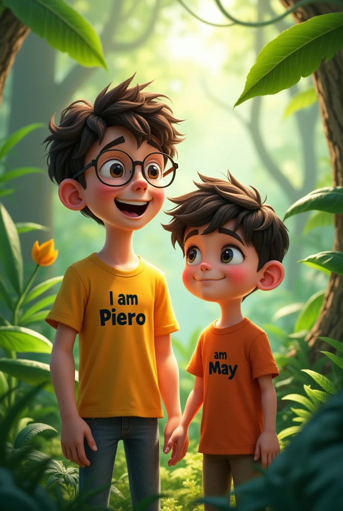 2 bothers, one taller than the other, the taller one with dark Brown curly hair and the other one with dark Brown wavy hair, both arr happy in the jungle, the taller one is not thinner as the other one. Both with t shirts, the taller one says I am Piero on it and the other says I am Maty on it.  The older guy with glasses and in his T shirt says I am Jamie. The  taller brother not too tall and have to be a little chubby,