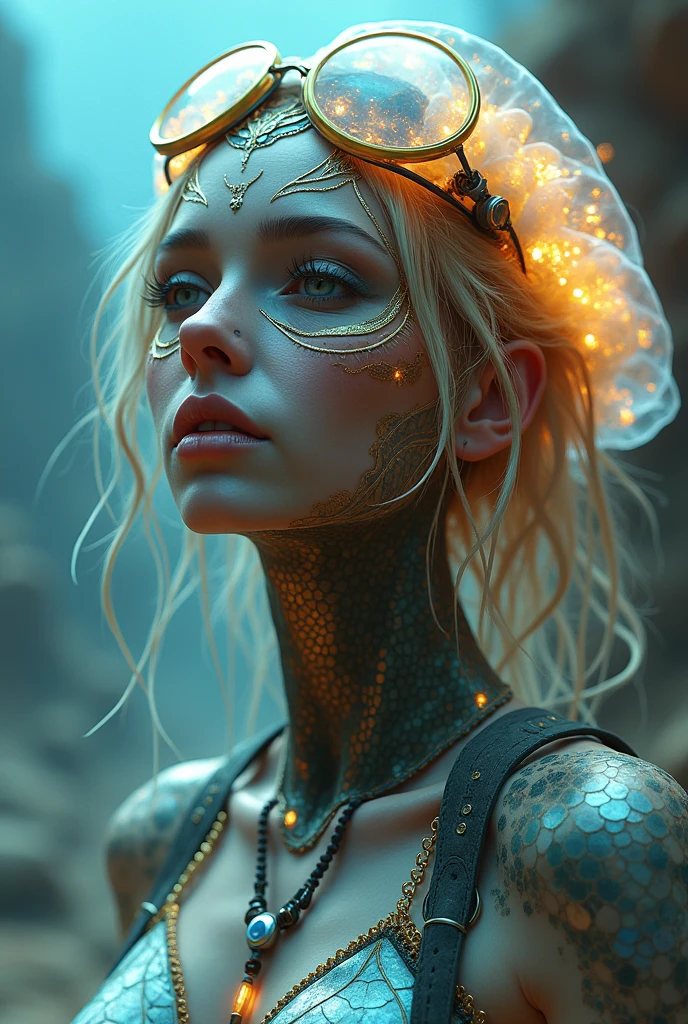 Ethereal Cyborg Woman, bioluminescent jellyfish tiara. Steampunk goggles merge with translucent tentacles. Cracked porcelain skin meets iridescent scales. Mechanical implants and delicate tendrils intertwine. Human characteristics with an otherworldly glow. Dreamy aquatic tones contrast with aged metal. Reflective eyes capture invisible worlds. Gentle bioluminescence meets a harsh desert landscape. Fusion of organic and synthetic, ancient and futuristic. Hyper-detailed textures, surreal atmosphere.