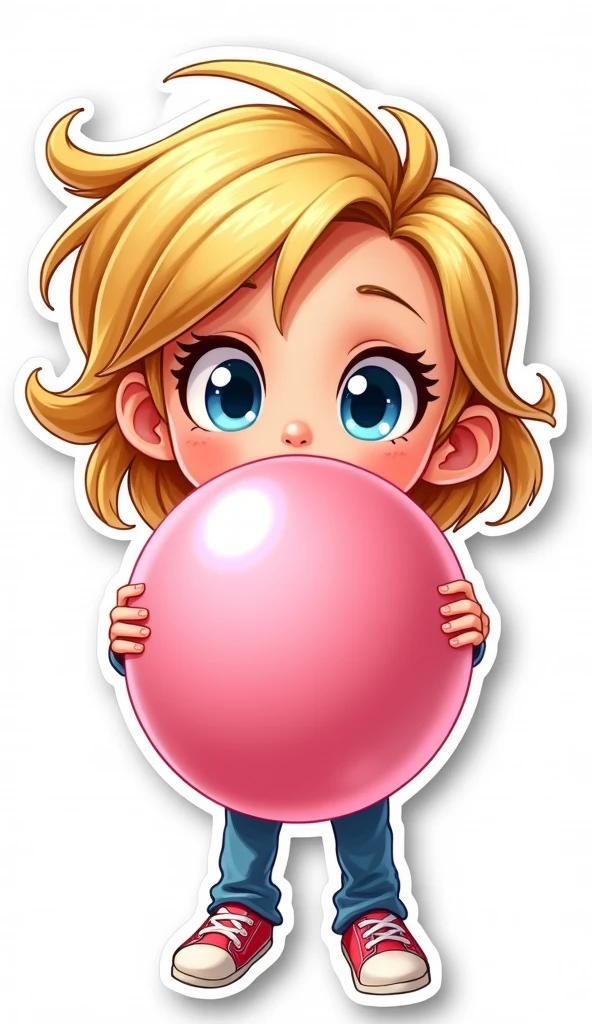 Decorative Cartoon sticker of a blonde girl blowing Bubblegum with a white outline on the cover