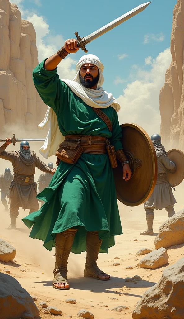 A Muslim man in a green robe and a white headscarf, holding a sword in his right hand and a shield in his left hand. He is standing in a room with a wooden ceiling and appears to be in the middle of a battle. The man is in the center of the painting, with his left arm raised in the air and his right arm bent at the elbow. He has a determined expression on his face and his eyes are focused on something in the distance.
In the background, there are several figures engaged in a fierce battle, with swords drawn and shields raised. The figures appear to be warriors or warriors, with some of them holding swords and shields. The scene is set in a desert-like environment with rocks and boulders scattered around. The colors are vibrant and the brushstrokes are visible, giving the photo a sense of movement and energy.