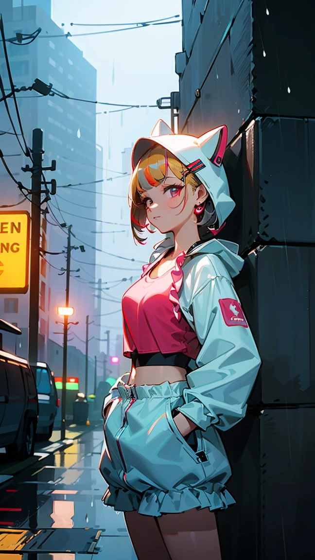 ((((sports bra,animal hood,))))((hands in pockets,))(Masterpiece illustration,Beautiful and aesthetic:1.2,aim to viewers), Best quality,Top quality, Epic quality,((((rainy night in a cyberpunk city with glowing neon lights,outdoor,))))(moonlight,moon glare, god light,at night,upper upper shot,focus on face,))Neat face,,mature,Beautiful detailed hair,blonde hair,hyper HD, retinas, Textured skin, A high resolution, 16k ,((hairclip,steep bangs,sidelocks,short hair,bow on hair)),Detailed face, 1JK, lady,Solo, Perfect face, Very amazing girl,((,puffs sleeves,red streaked white trace shirt,frills,sundress,metal earrings,spiral earrings)),rim-light