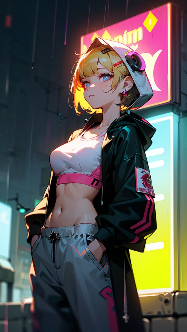 ((((sports bra,animal hood,))))((hands in pockets,))(Masterpiece illustration,Beautiful and aesthetic:1.2,aim to viewers), Best quality,Top quality, Epic quality,((((rainy night in a cyberpunk city with glowing neon lights,outdoor,))))(moonlight,moon glare, god light,at night,upper upper shot,focus on face,))Neat face,,mature,Beautiful detailed hair,blonde hair,hyper HD, retinas, Textured skin, A high resolution, 16k ,((hairclip,steep bangs,sidelocks,short hair,bow on hair)),Detailed face, 1JK, lady,Solo, Perfect face, Very amazing girl,((,puffs sleeves,red streaked white trace shirt,frills,sundress,metal earrings,spiral earrings)),rim-light