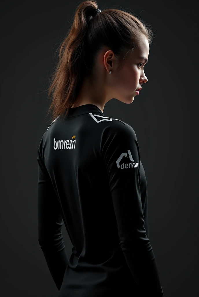 a very close back shot with side pose of a skinny girl wearing a black eSports jersey with long sleeves with sponsorships on the back of the jersey, with black background