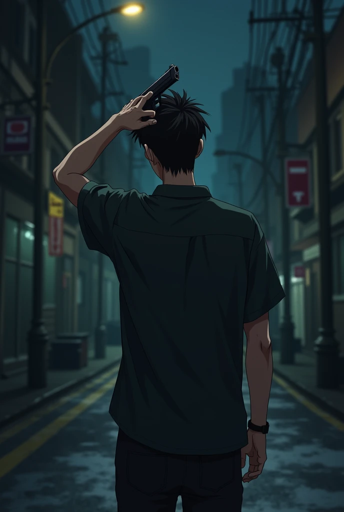 The image is anime style with shadows and dim lights, anime style although somewhat adult and dark, It shows a man with his back turned pointing a gun at his head with a gun. The background of the image is a street road.