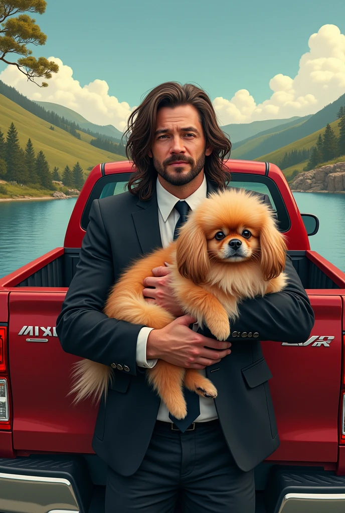 man with long hair sparse beard dressed in black suit with albino pekingese dog in his arms in red hilux truck with lake landscape background cartoon style drawing