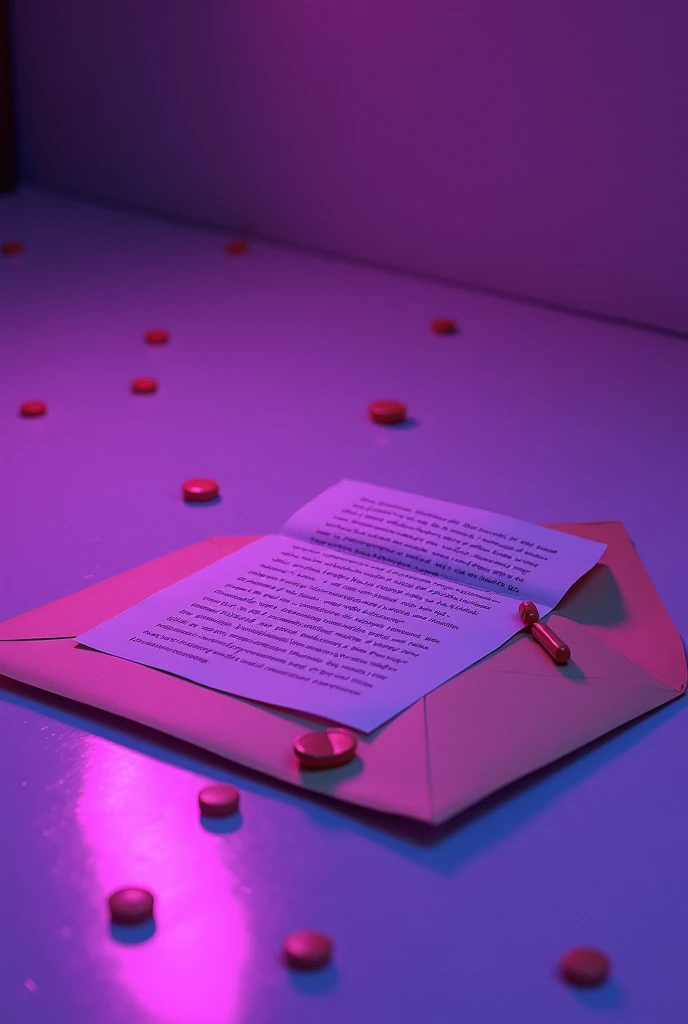 An envelope with a letter on the white floor of a nightclub and with orange medicine pills lying on the side with purple neon lighting all this image with a psychedelic touch of bad trip