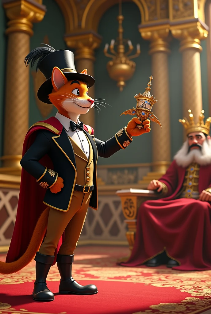 Generate me an image of when Puss in Boots presented himself to the king of the palace and gave him his offering