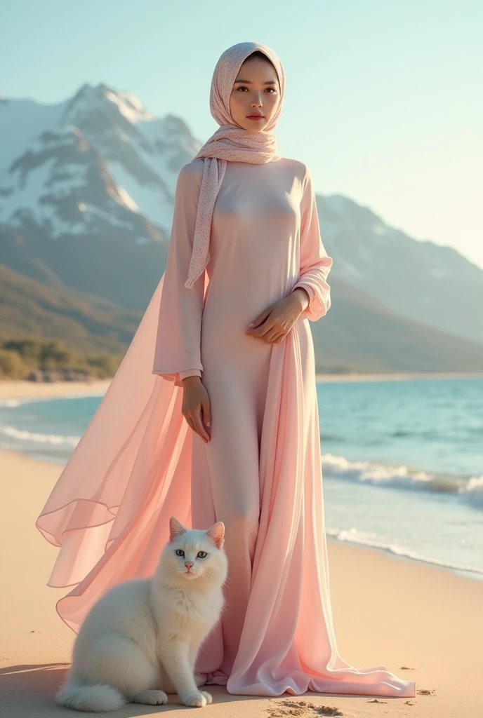 Woman with a long hijab covering her . White skin. Pink dress. On the beach and in the mountains. With a white cat