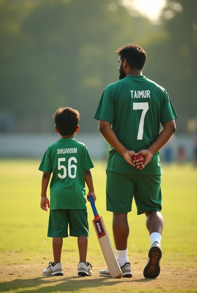5year old nephew in green t-shirts with 21year old uncle with beard in a cricket going to batting against India the nephew name on t-shirts is SHURAIM back side and t-shirts number is 56 and the uncle name on t-shirts is TAIMUR and t-shirts number is 7 back side