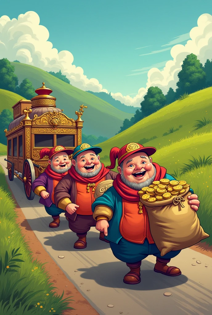 Game flag, a group of fat merchants on the road, next to the landscape, money bags hanging, next to a carriage carrying treasure chests, comic style  