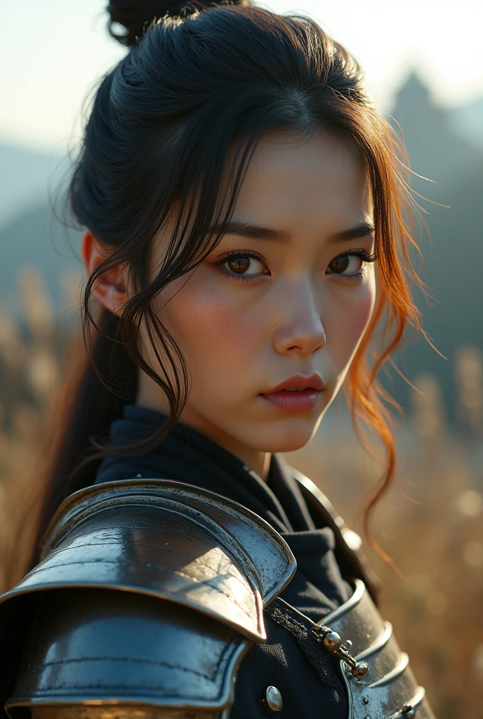 (masterpiece), (realistic), portrait of a cute japanese girl, the most beautiful in the world, (medieval armor), metal reflections, upper body, outdoors, intense sunlight, far away castle, professional photograph of a stunning woman detailed, sharp focus, dramatic, award winning, cinematic lighting, octane render unreal engine, volumetrics dtx, (film grain, blurry background, blurry foreground, bokeh, depth of field, sunset, motion blur:1.3), chainmail, looking to the side