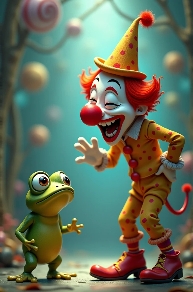 Clown laughing at frog