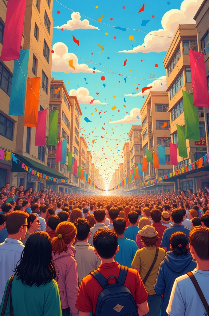 Happy city celebrating peace drawing