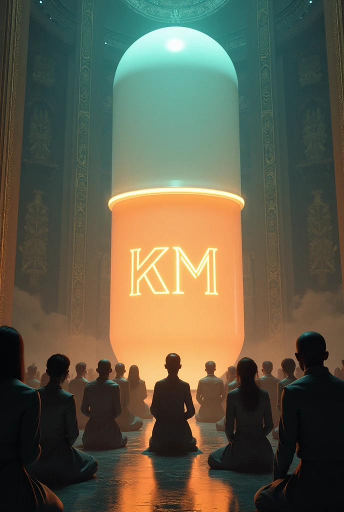 People kneeling in front of a medication capsule with a name of km