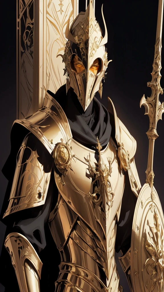 (Masterpiece:1.2), envision an intricate, 8k, highres, realistic, cinematic, dynamic, close up portrait of a faceless golden knight man clad in great armor with a grand helmet with bright white eyes with a large body in a dark fantasy style against a dark gray background, (Velstadt The Royal Aegis)