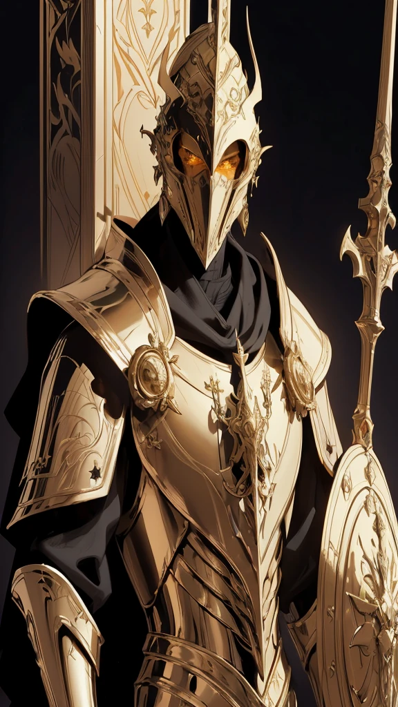 (Masterpiece:1.2), envision an intricate, 8k, highres, realistic, cinematic, dynamic, close up portrait of a faceless golden knight man clad in great armor with a grand helmet with bright white eyes with a large body in a dark fantasy style against a dark gray background, (Velstadt The Royal Aegis)