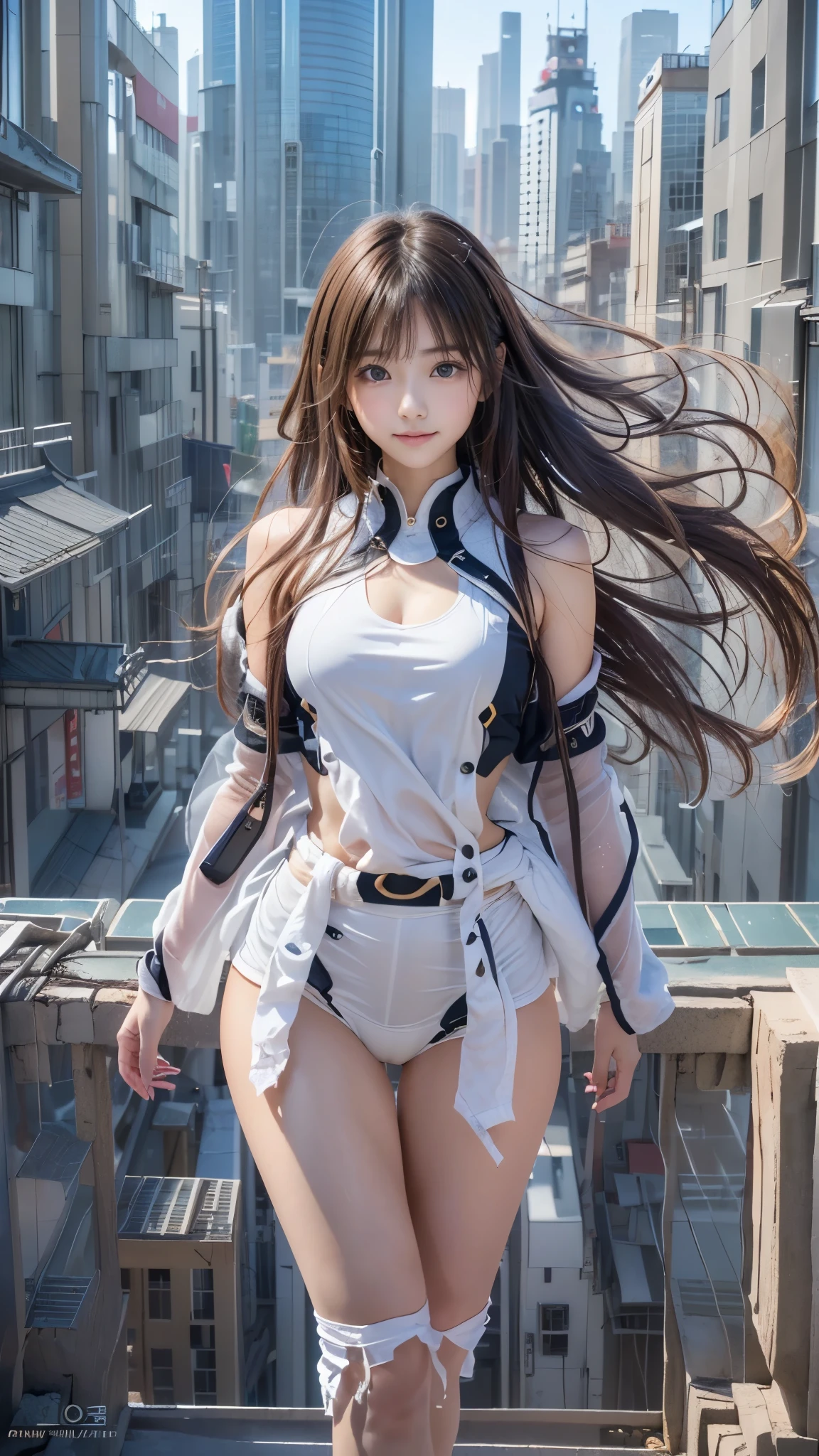 (((A pure and cute beautiful girl stands in a futuristic city:1.2))), (((Upper body portrait))), Beautiful straight hair, Short brown hair, Immersion, (Beautiful symmetrical eyes), (Thin thighs:1.2, Beautiful feet:1.2), Slender body line, ((Tight waist:1.2)), (Japanese Idols, Baby Face:1.3, high school girl, teenage), (Perfect Anatomy:1.3), Moisturizing lips, Beautiful breasts, (Highest quality、Highest quality、Masterpiece、Ultra high definition、Reality:1.37), (Detailed eyes and face:1.3、Professional photography techniques)、((Hair blowing in the wind:1.3)), (((Cute tops, Futuristic fashion)))