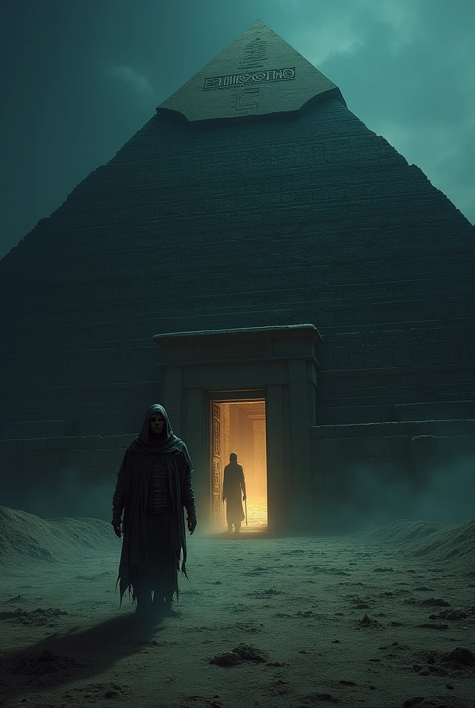 Image showing the entrance to an Egyptian pyramid, It needs to be night and in the background in a poorly lit area there is a scary mummy looking at the camera