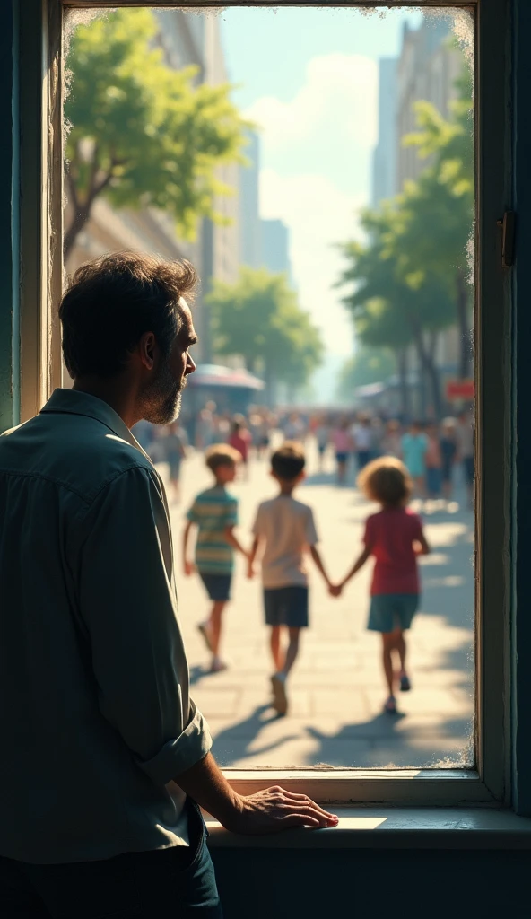 One day, while looking out the window, He saw a group of children playing in the street and smiling., as if life were still wonderful.