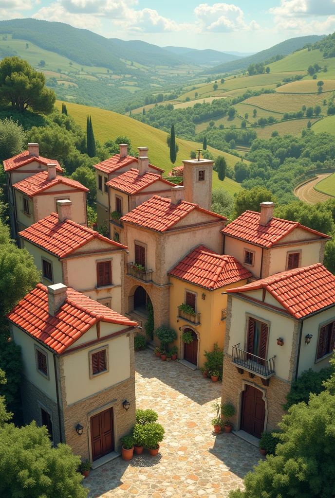 A little Italian village, with 8 little houses standing by each other