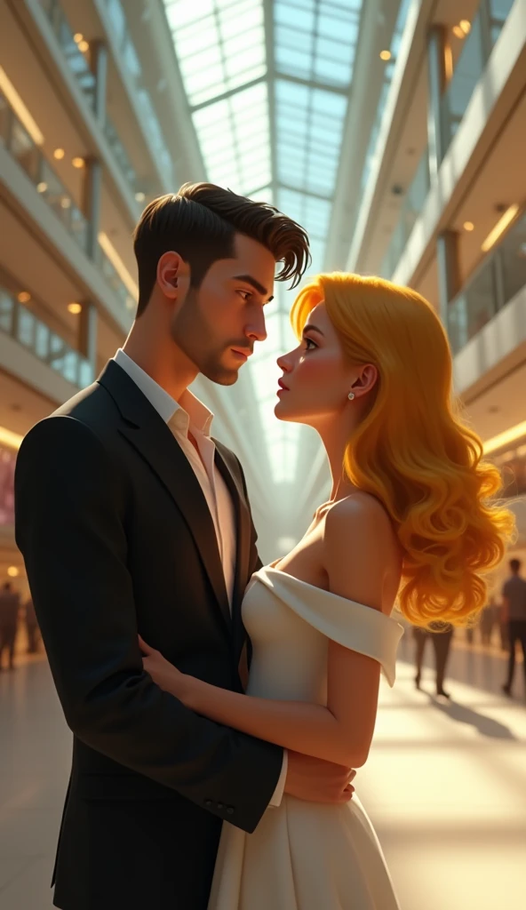  sad handsome guy with black suit talking to a woman with yellow hair and white sleeveless dress at a shopping mall,pixar, cinematic, masterpiece, high-aesthetic, realistic 