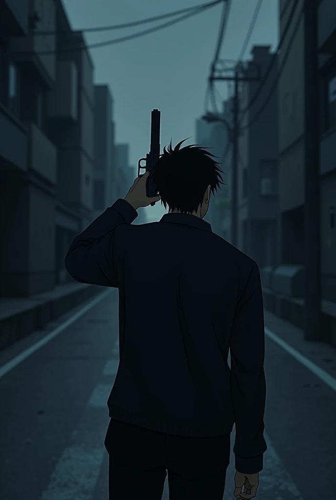 The image is anime style with shadows and dim lights, anime style although somewhat adult and dark, It shows a man with his back turned pointing a gun at his head.. The background of the image is a street road.